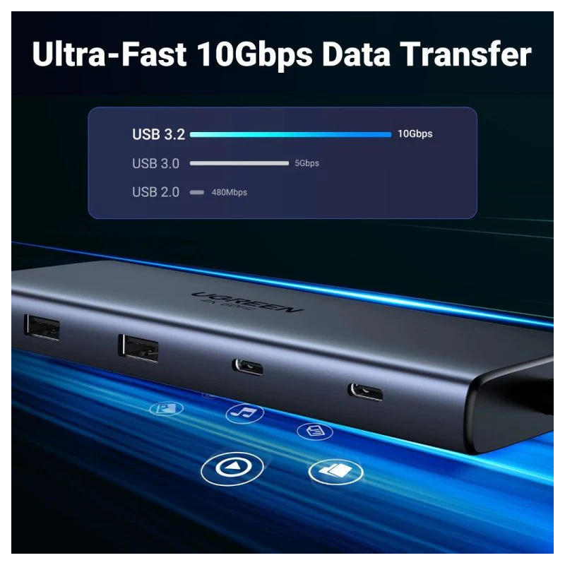 UGREEN 10-in-1 USB-C to USB-A 3.2+USB-A 3.0+2*USB-C 3.2+2*HDMI+RJ45 Gigabit+SD&TF +PD port Converter - CM639 - 45380