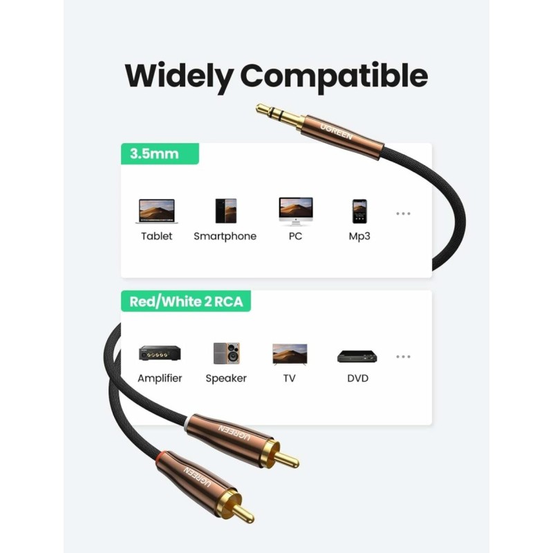 UGREEN 3.5mm Male to 2RCA Copper Case Braided Aux Cable - AV170 - 80845