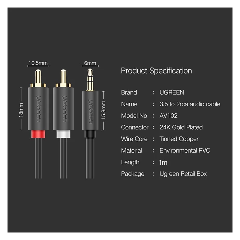 UGREEN 3.5mm Male to 2RCA Male Audio Cable - AV102 - 10772