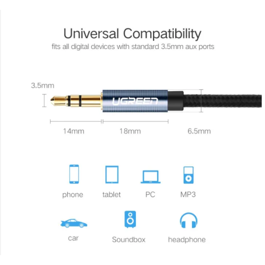 UGREEN 3.5mm Male to 3.5mm Male Cable Gold Plated Metal Case with Braid - AV112 - 10685