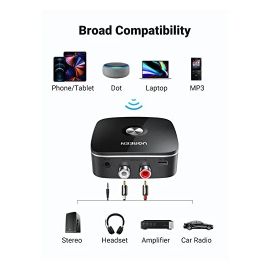 UGREEN Wireless Bluetooth Audio Receiver 5.0 with 3.5mm and 2RCA Adapter with SRRC - CM123 - 30445