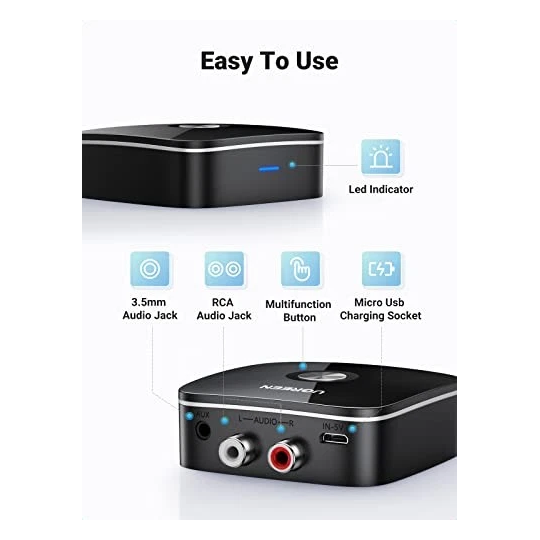 UGREEN Wireless Bluetooth Audio Receiver 5.0 with 3.5mm and 2RCA Adapter with SRRC - CM123 - 30445
