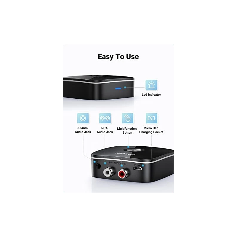 UGREEN Wireless Bluetooth Audio Receiver 5.0 with 3.5mm and 2RCA Adapter with SRRC - CM123 - 30445