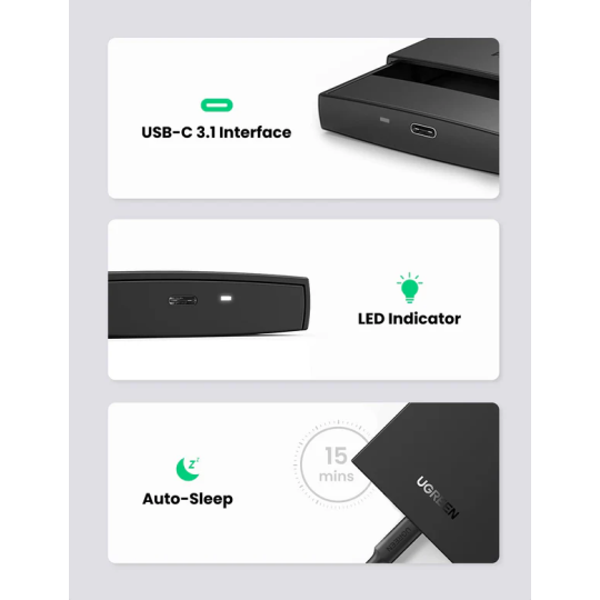UGREEN USB 3.1 2.5" Hard Drive Enclosure 6G with USB-A to USB-C Cable + USB-C to USB-C Cable - US221 - 60735