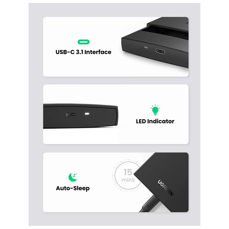 UGREEN USB 3.1 2.5" Hard Drive Enclosure 6G with USB-A to USB-C Cable + USB-C to USB-C Cable - US221 - 60735