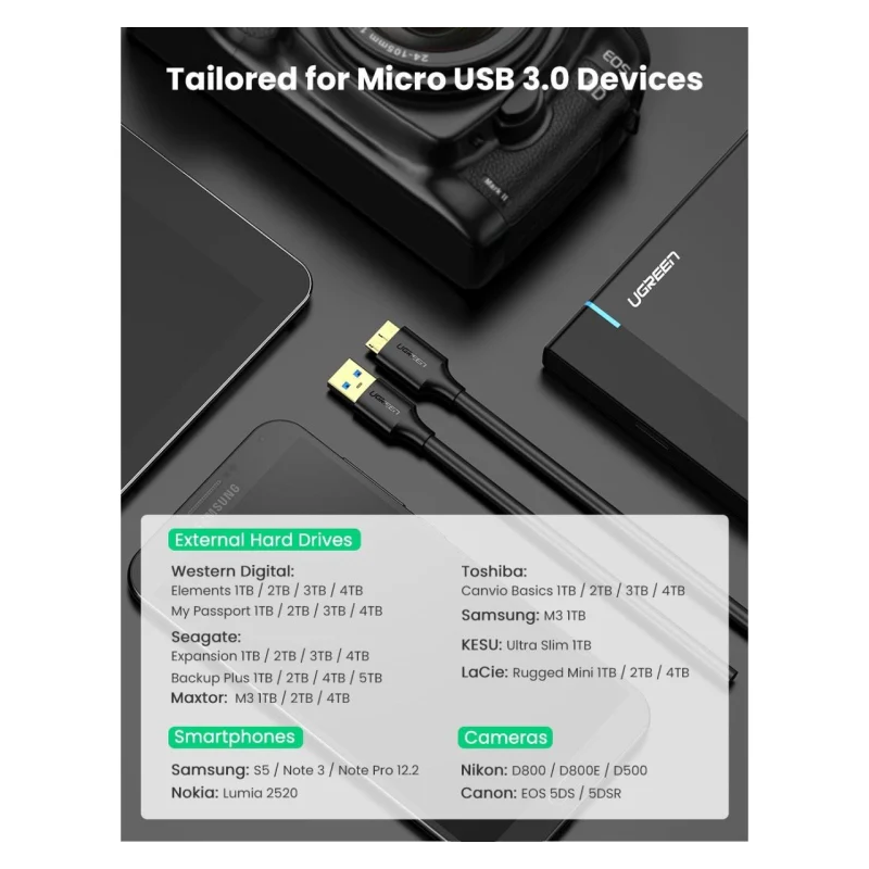 UGREEN USB 3.0 A Male to Micro USB 3.0 Male Cable - US130 - 10841