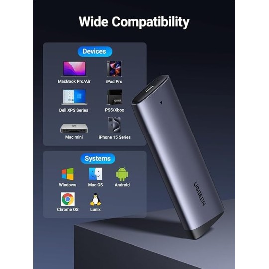 UGREEN M.2 NVMe SSD Enclosure 10Gbps USB 3.2 Gen 2 (10 Gbps) to NVME M-Key/(B+M) - CM767 - 35267