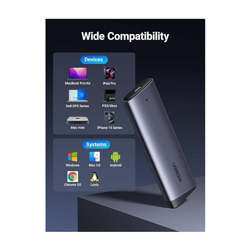 UGREEN M.2 NVMe SSD Enclosure 10Gbps USB 3.2 Gen 2 (10 Gbps) to NVME M-Key/(B+M) - CM767 - 35267