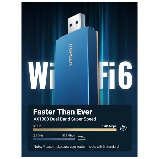 UGREEN AX1800 Dual-Band Wireless Adapter (Wi-Fi 6) 2.4GHz: 574Mbps, 5GHz: 1201Mbps - CM499 - 90340