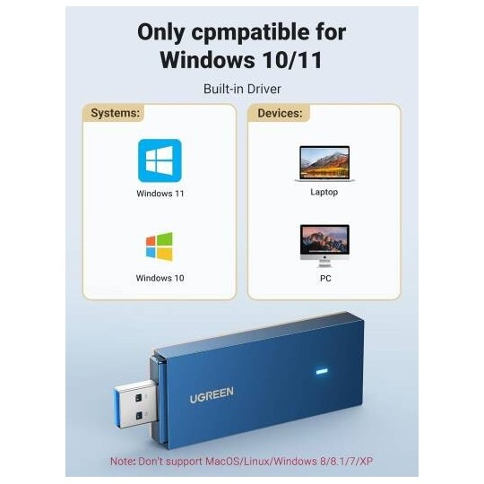 UGREEN AX1800 Dual-Band Wireless Adapter (Wi-Fi 6) 2.4GHz: 574Mbps, 5GHz: 1201Mbps - CM499 - 90340