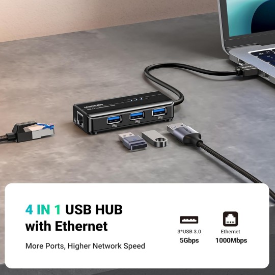 UGREEN USB 3.0 Hub with Gigabit Ethernet Adapter - 20265