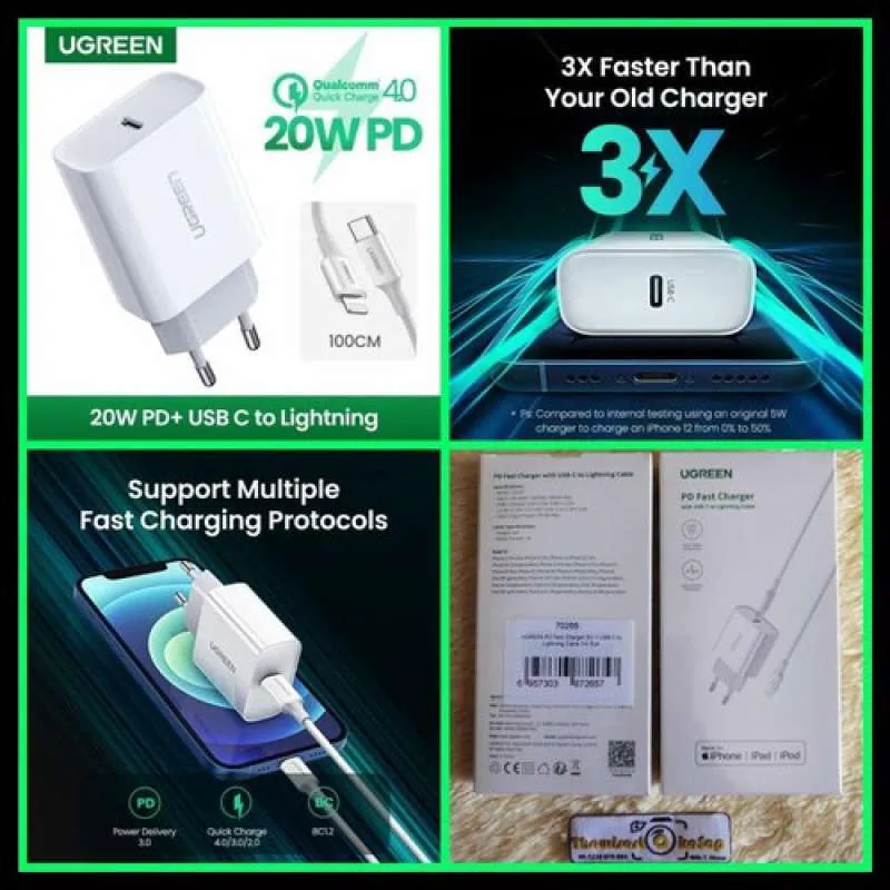UGREEN 20W PD Fast Charger with 1M  USB-C to Lightning Cable - CD137 - 50698