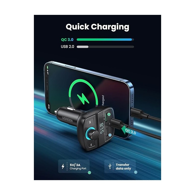 UGREEN FM&Bluetooth Transmitter&Car Charger + TF  Slot - CD229 - 80910