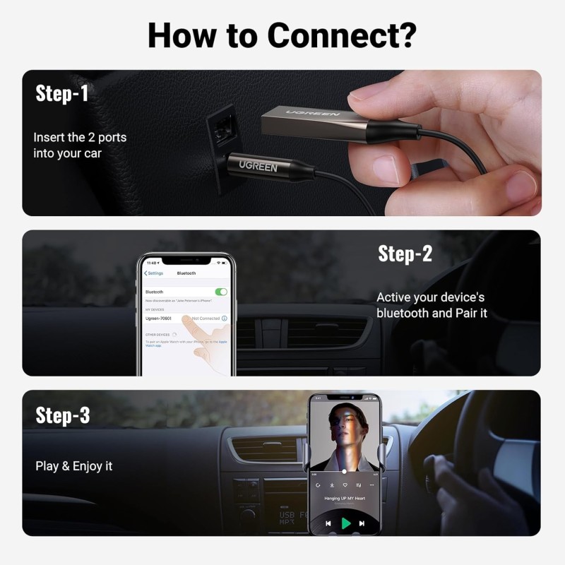 UGREEN Car Bluetooth 5.0 Receiver  Audio Adapter Black(5.0) - CM309 - 70601
