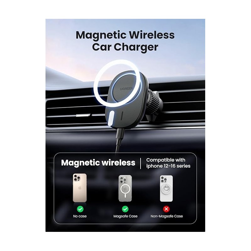 UGREEN Magnetic Wireless Car Charger For Air Vent Mount - W522 - 25925