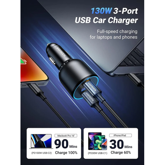 UGREEN 2*USB-C PD+USB-A  130W Fast Car Charger - EC705 - 35025