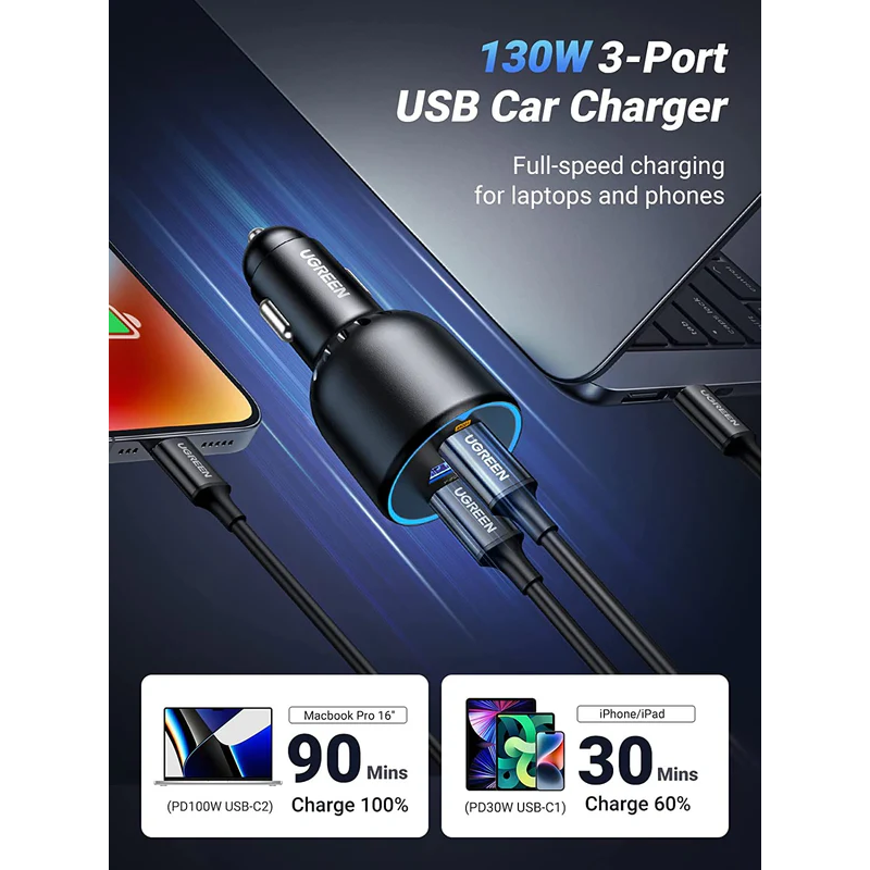 UGREEN 2*USB-C PD+USB-A  130W Fast Car Charger - EC705 - 35025