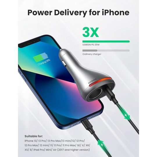 UGREEN QC + PD Car Charger  With Extended Socket - CD204 - 60712