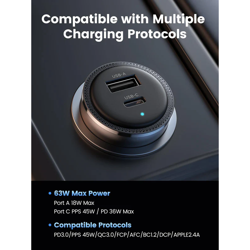 UGREEN USB-C PD+USB-A  63W Fast Car Charger - CD239 - 90645