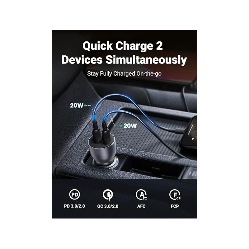UGREEN USB-C PD+USB-C PD 40W Fast Car Charger Grey - CD213 - 70594