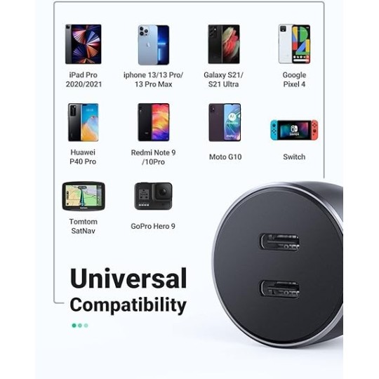 UGREEN USB-C PD+USB-C PD 40W Fast Car Charger Grey - CD213 - 70594