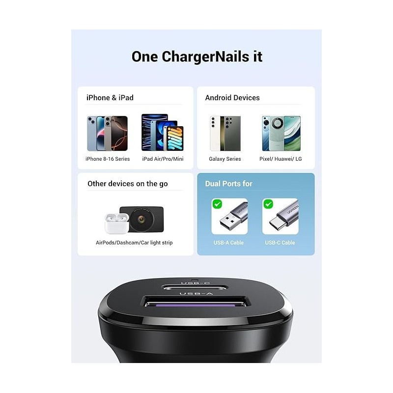 UGREEN USB-C PD+USB-A QC 30W Fast Car Charger - EC305 - 25845