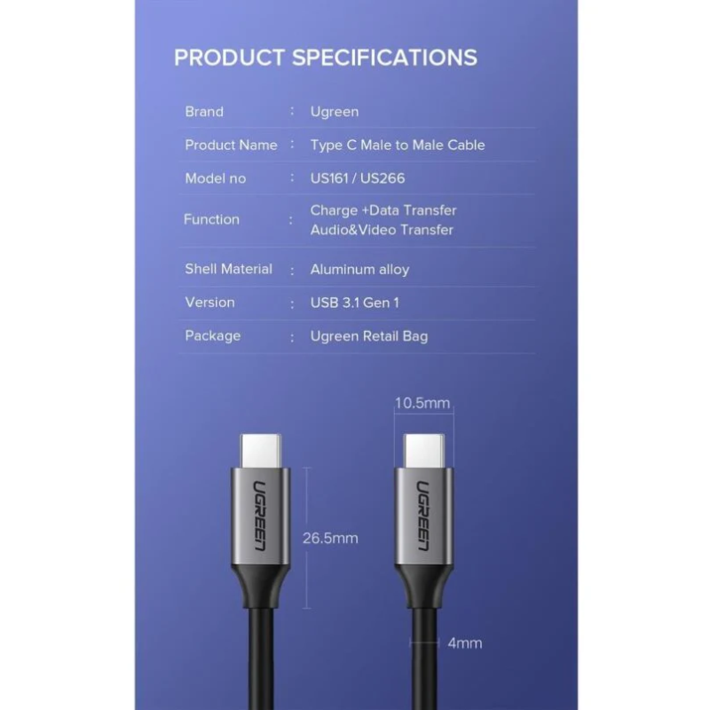 UGREEN USB-C 3.1 Male To Male GEN1 3A Data Cable Grey 1.5M - US161 - 50751