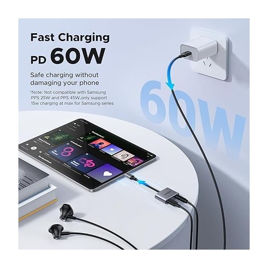 UGREEN Type C Male To 3.5mm Audio+ Type C Female Adapter With Chip Grey - CM231 - 60164