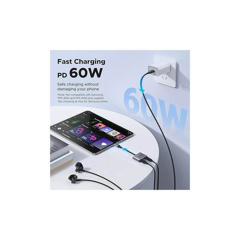 UGREEN Type C Male To 3.5mm Audio+ Type C Female Adapter With Chip Grey - CM231 - 60164