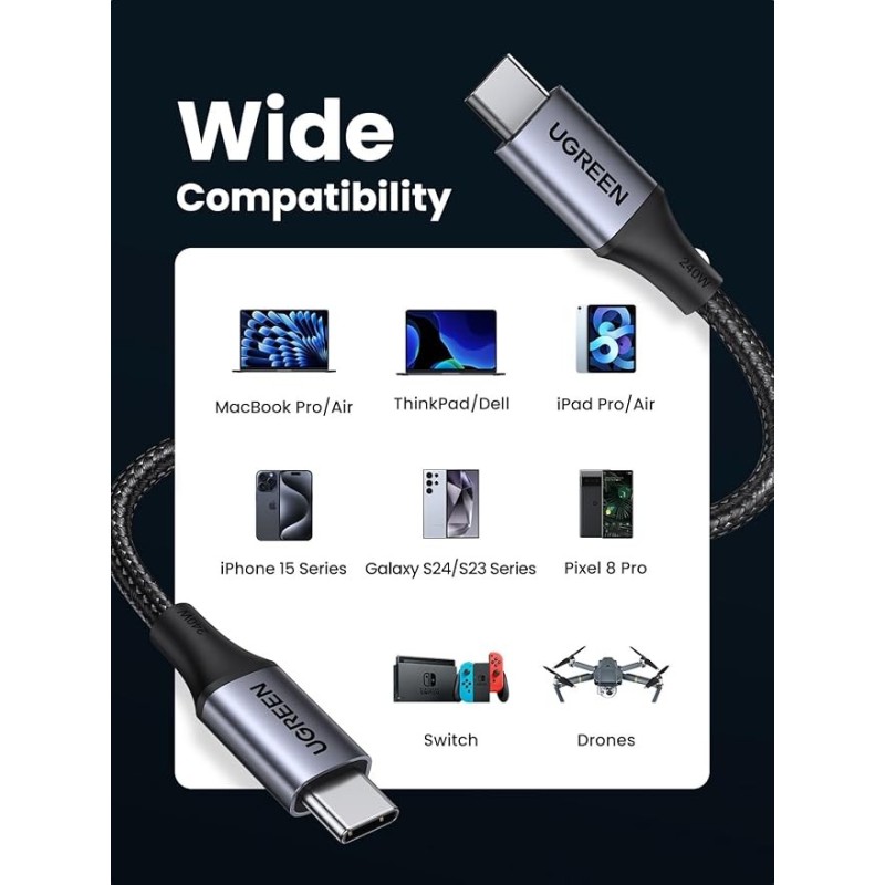 UGREEN Type C 2.0 Male To Type C 2.0 Male Charging&Data Cable(240W Max) - US535 - 15311