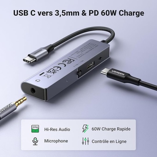 UGREEN Type C to 3.5mm Audio+ Type C Female Adapter With Chip (PD 60WATT & HI-RES - CM230 - 90518