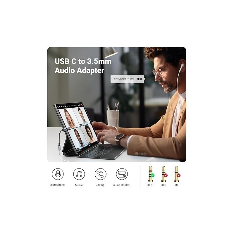 UGREEN Type C Male To 3.5mm Audio Adapter 10CM With  Chip - AV161 - 80154