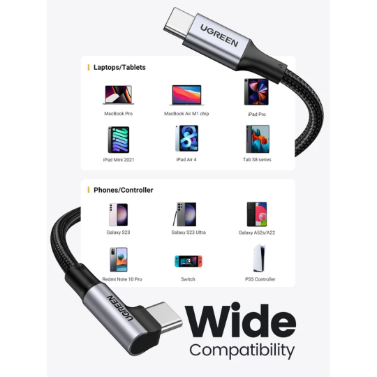 UGREEN USB-C  2.0 Male To Angled USB-C 2.0 Male 5A Data Cable(90°Angle) - US334 - 70643