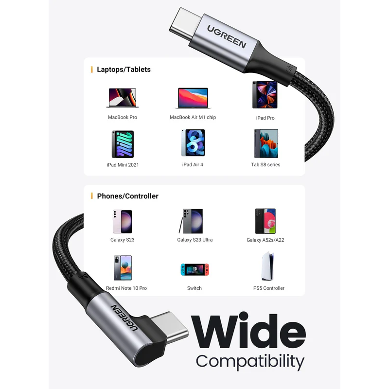UGREEN USB-C  2.0 Male To Angled USB-C 2.0 Male 5A Data Cable(90°Angle) - US334 - 70643