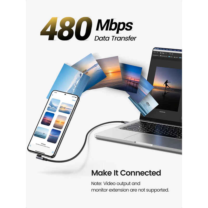 UGREEN USB-C  2.0 Male To Angled USB-C 2.0 Male 5A Data Cable(90°Angle) - US334 - 70643