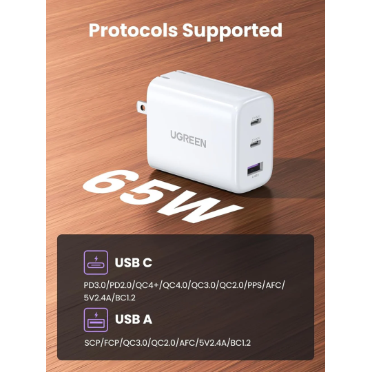UGREEN USB-A+2*USB-C 65W Fast Charger EU White - CD275 - 90496