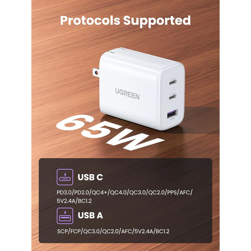 UGREEN USB-A+2*USB-C 65W Fast Charger EU White - CD275 - 90496