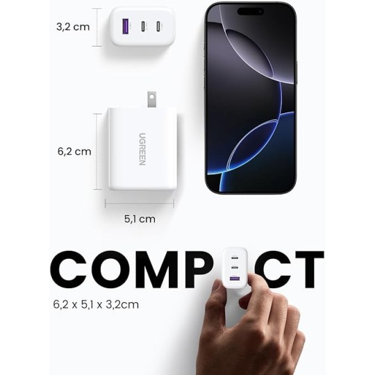 UGREEN USB-A+2*USB-C 65W Fast Charger EU White - CD275 - 90496
