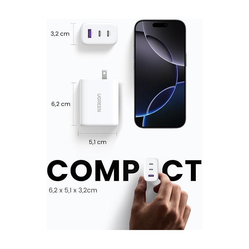 UGREEN USB-A+2*USB-C 65W Fast Charger EU White - CD275 - 90496
