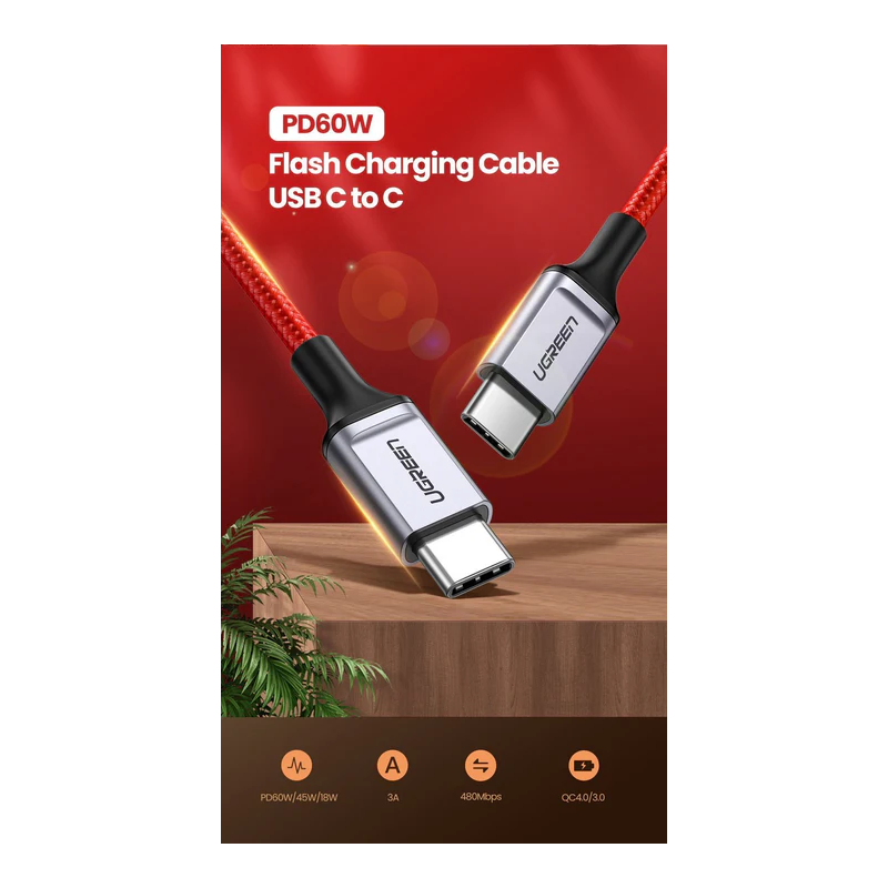 UGREEN USB-C 2.0 Male To USB-C 2.0 Male 3A Data Cable 1M - US294 -60186