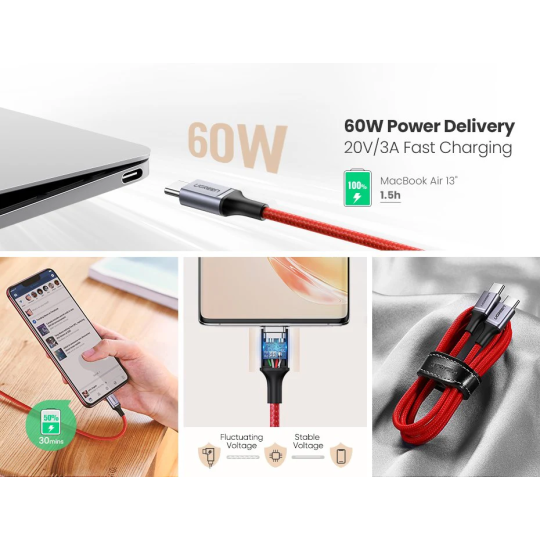 UGREEN USB-C 2.0 Male To USB-C 2.0 Male 3A Data Cable 1M - US294 -60186