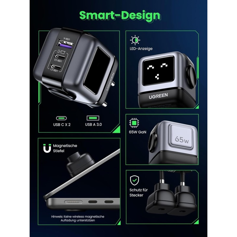 UGREEN USB-A+2*USB-C 65W Robot GaN Tech Fast Charger - CD361 - 25685B