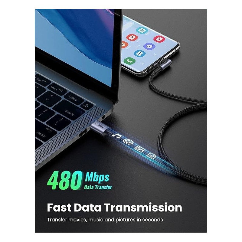 UGREEN Angled USB-C Male To USB2.0 A Male 3A Data Cable(90°Angle) Black - US284 - 50941