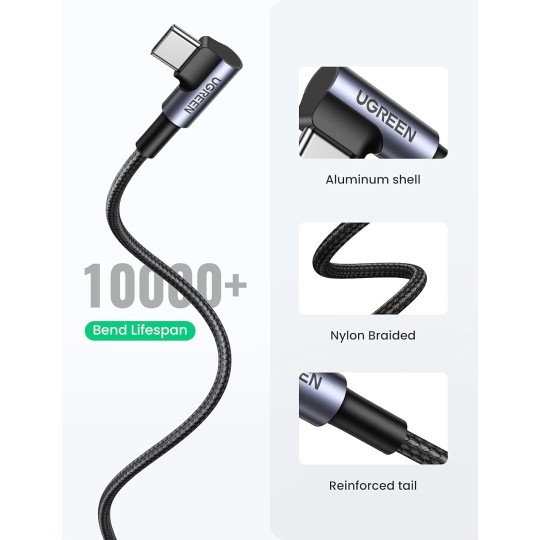 UGREEN Angled USB-C Male To USB2.0 A Male 3A Data Cable(90°Angle) Black - US284 - 50941