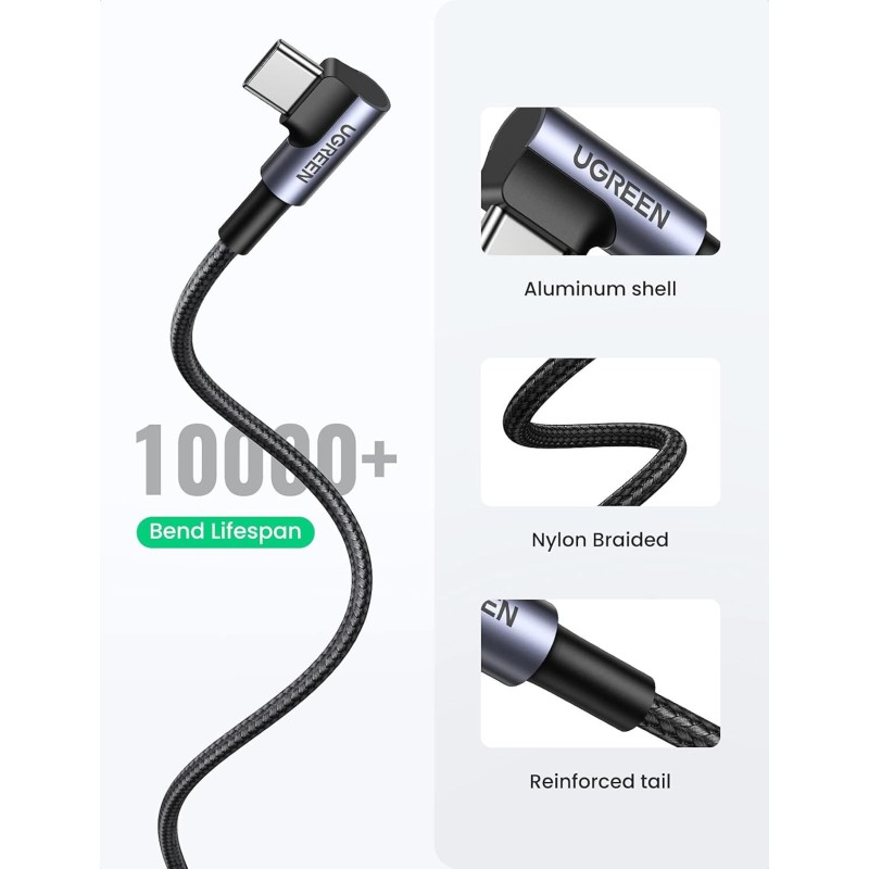 UGREEN Angled USB-C Male To USB2.0 A Male 3A Data Cable(90°Angle) Black - US284 - 50941