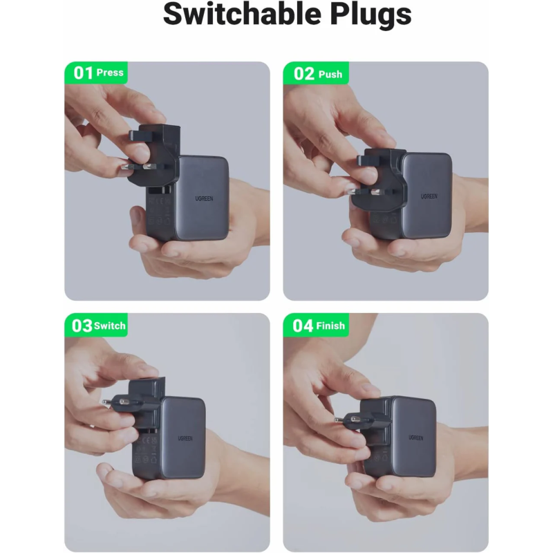 UGREEN USB-A+2*USB-C 65W GaN Tech Worldwide Travel Fast Charger Interchangeable UK/US/EU Plugs - CD296 - 90409