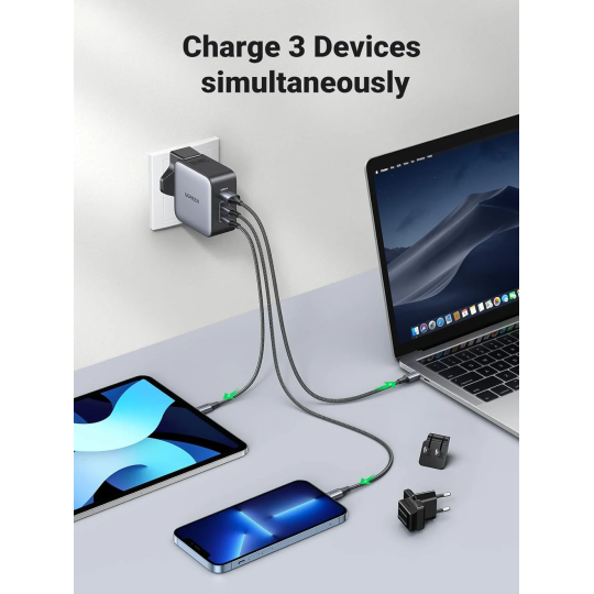 UGREEN USB-A+2*USB-C 65W GaN Tech Worldwide Travel Fast Charger Interchangeable UK/US/EU Plugs - CD296 - 90409
