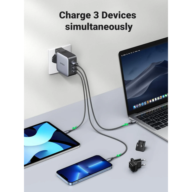 UGREEN USB-A+2*USB-C 65W GaN Tech Worldwide Travel Fast Charger Interchangeable UK/US/EU Plugs - CD296 - 90409