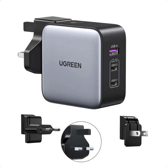 UGREEN USB-A+2*USB-C 65W GaN Tech Worldwide Travel Fast Charger Interchangeable UK/US/EU Plugs - CD296 - 90409