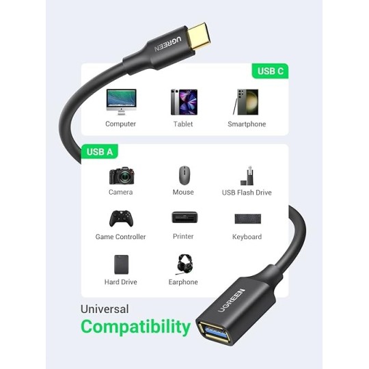 UGREEN USB-C Male To USB 3.0 A Female OTG Cable Black 15CM - US154 - 30701